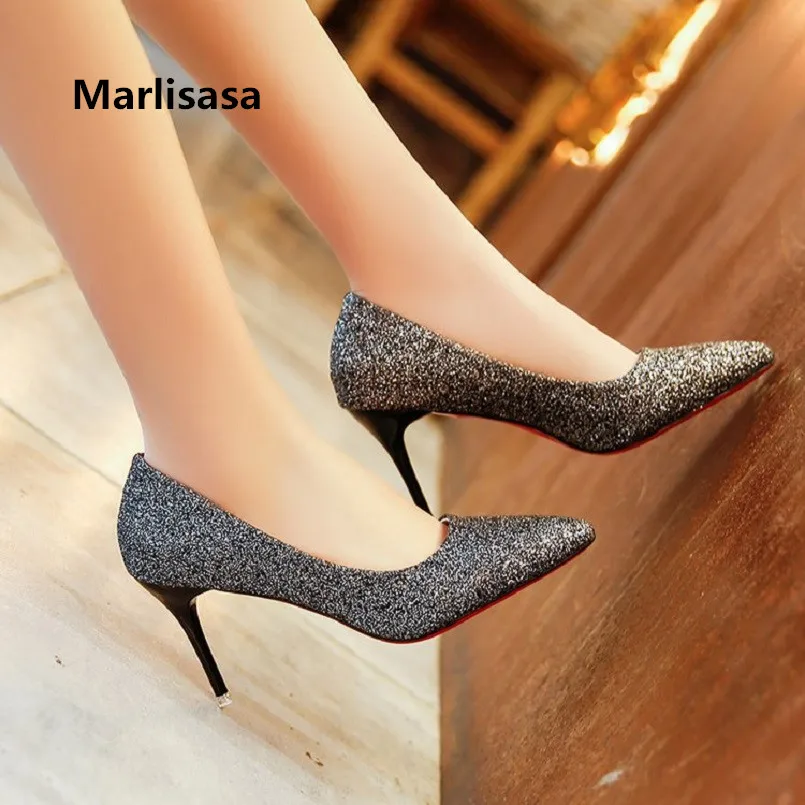 

Marlisasa Women Cute Sweet Light Weight Pink High Heel Shoes Bridal Sexy Silver High Heels Black Shining Wedding Shoes F2083