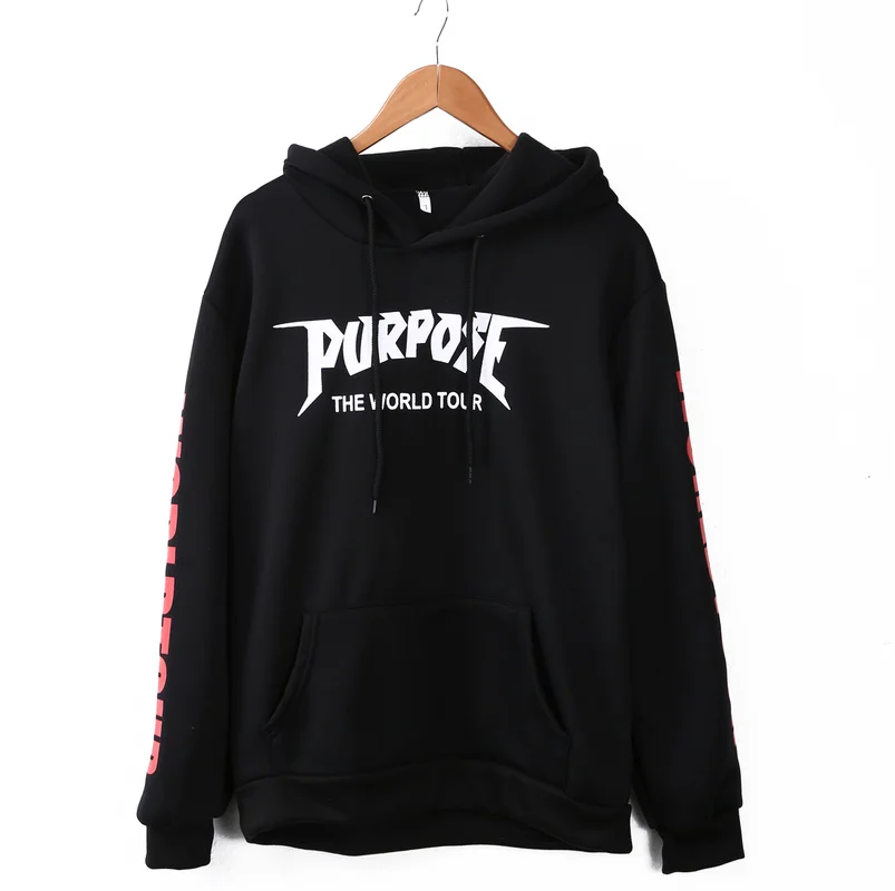 Harajuku Fashion Brand Justin Bieber Letter Purpose The World Tour Hoodies Men Hooded Sweatshirt Black Streetwear