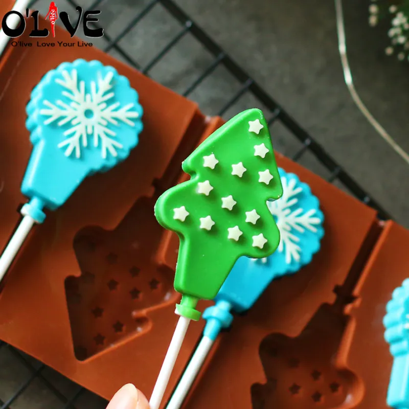 

Christmas Silicone Mold Lollipops Snowflake Christmas Tree Forms Fondant Cake Decorating Tools Chocolate Mold Polymer Clay