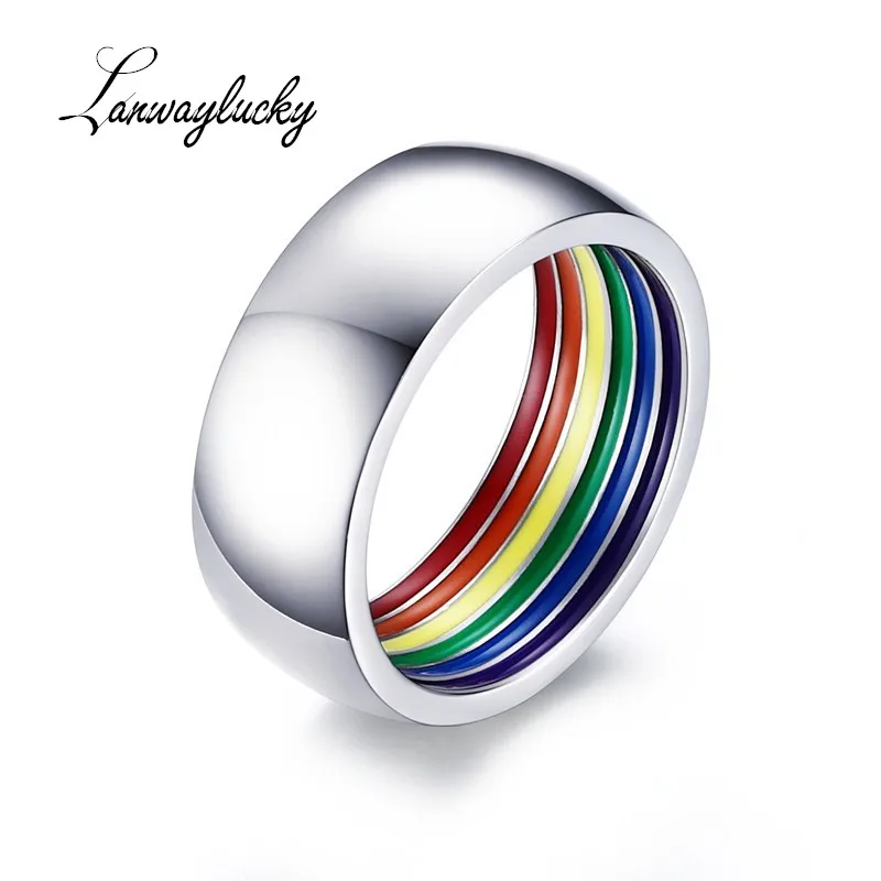 

Width 8mm Rainbow Rings Wedding Bands Stainless Steel Women Jewelry Gifts Inside Rainbow Wedding Rings Colorful Pride Jewelry
