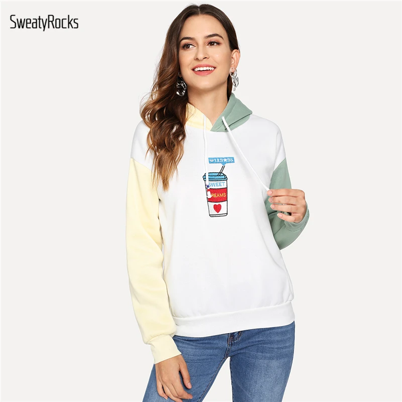  SweatyRocks Colorblock Graphic Embroidered Contrast Sleeve Hoodie Long Sleeve Casual Pullovers Hood