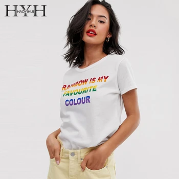 

HYH Haoyihui 2019 Classic Vogue Simple Tops Colored Letter Print Short Sleeve Solid Basic Summer Pullover Women Funny T Shirt