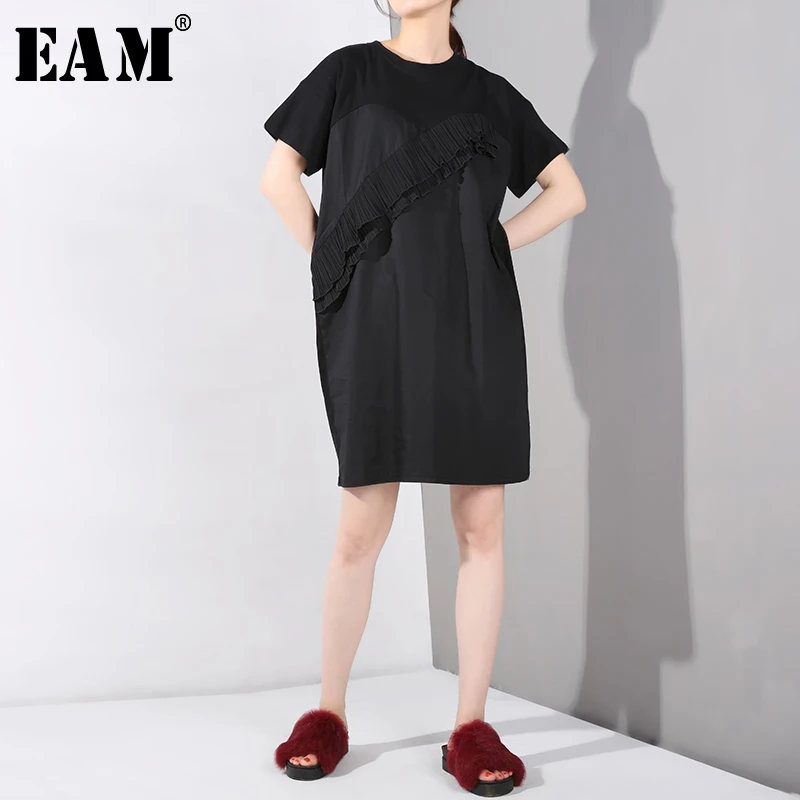 

[EAM] 2019 New Spring Summer Round Neck Short Sleeve Hit Color Pleted Split Joint Big Size Dress Women Fashion Tide JU748