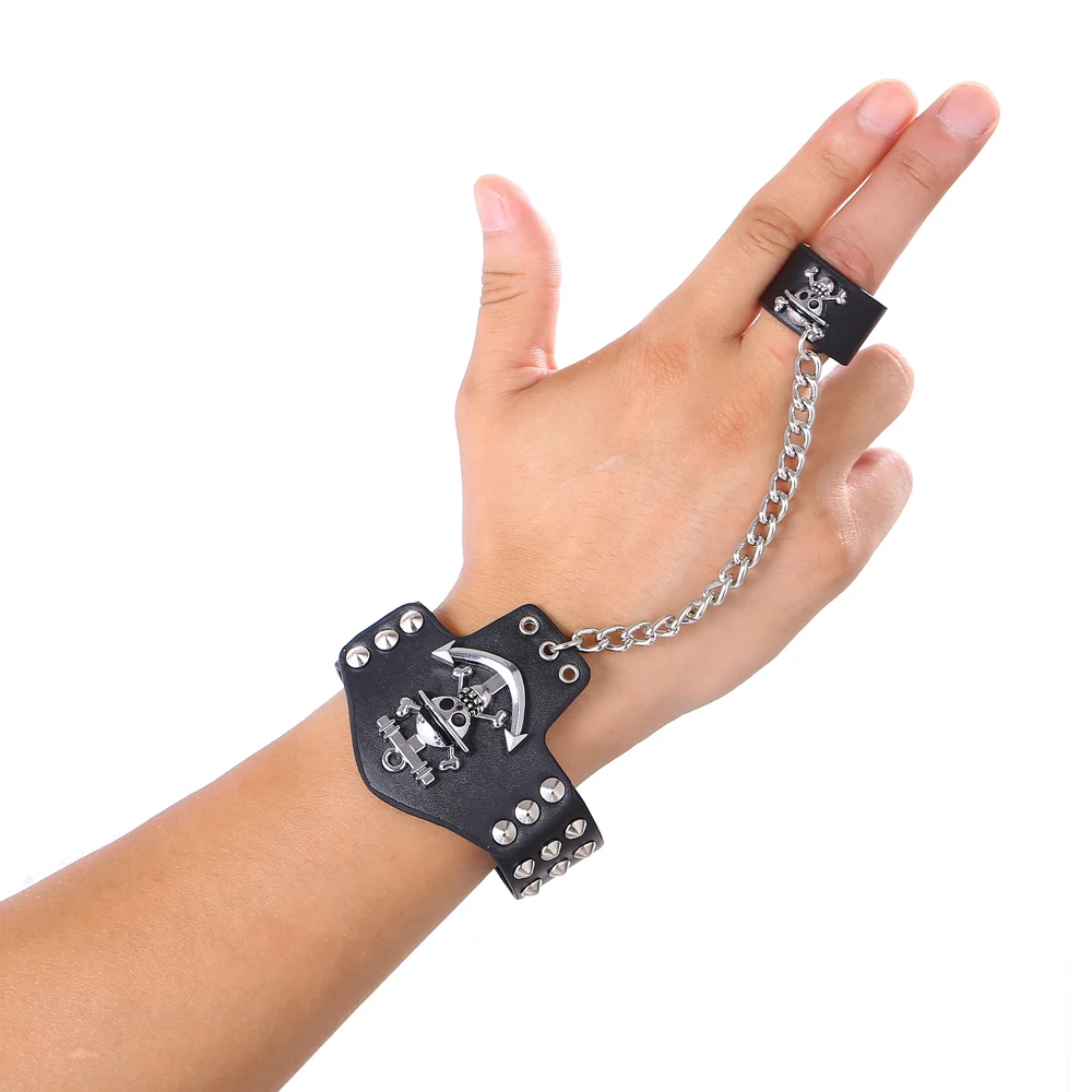 

Hot Cosplay Set One Piece Black Leather Bracelets Anime Punk Bracelet Together Set