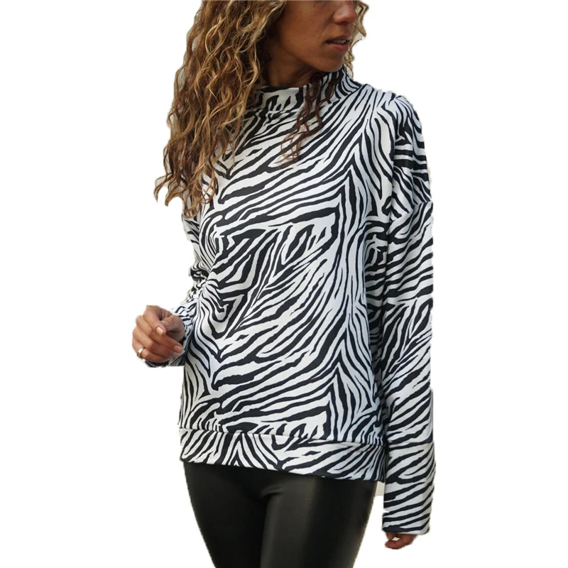 

Striped T Shirt Women Casual Long Sleeve T-Shirt Zebra Print Knitted Tshirt Turtleneck Pullover Loose Tops Tee Camiseta Mujer
