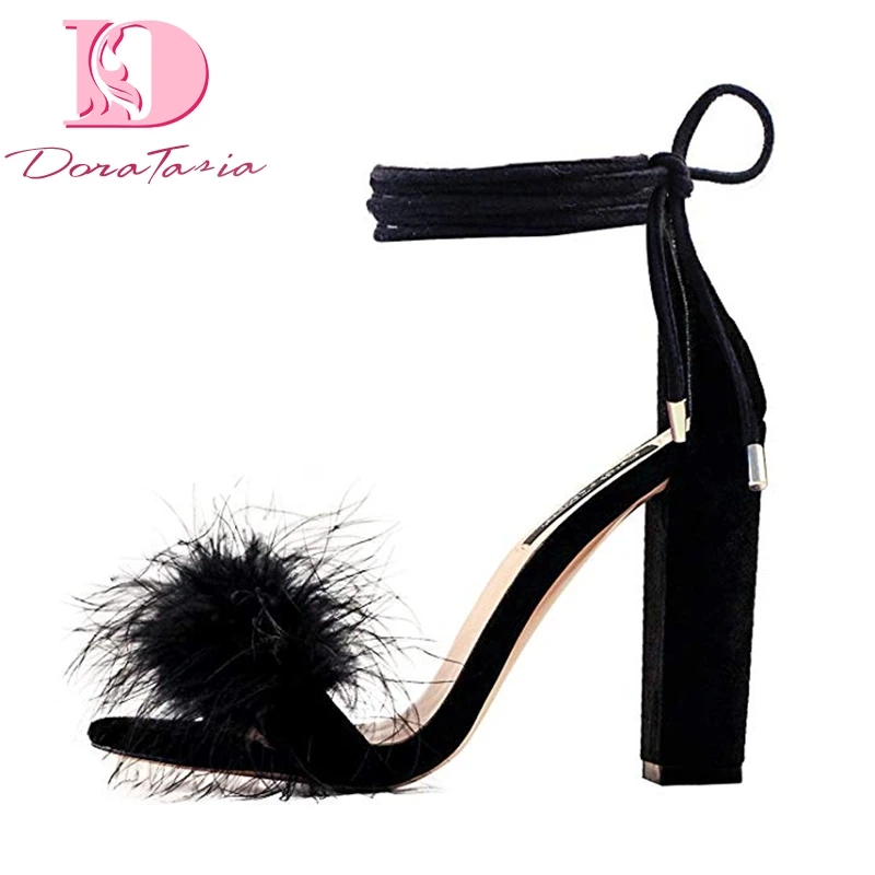 

Doratasia New Plus Size 43 Hot Sale Feather Party Shoes Woman Elegant Spike High Heel Women Shoes Summer ankle-wrap Sandals