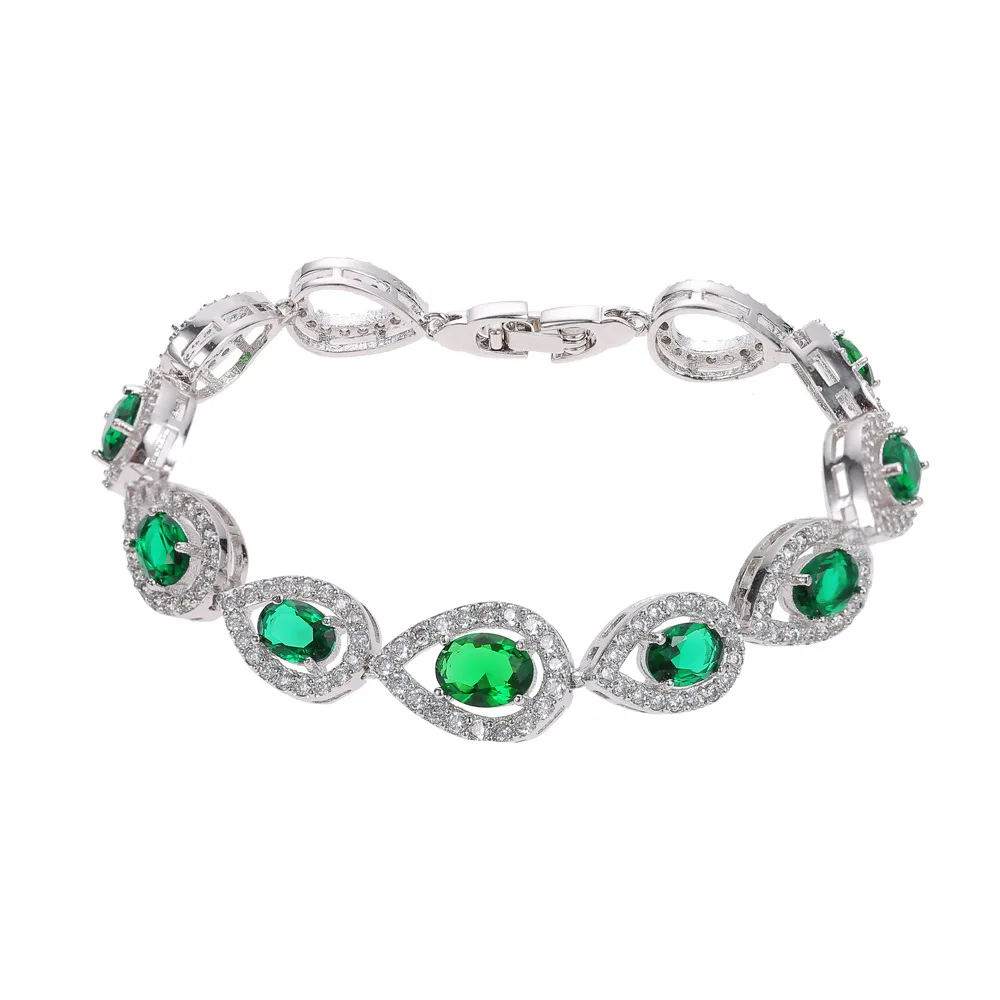 

Female Bracelet Gift for Girlfriend Solid 925 Sterling Silver Jewelry Party Green Color Gems Chain Link Bracelet Ladies Dating