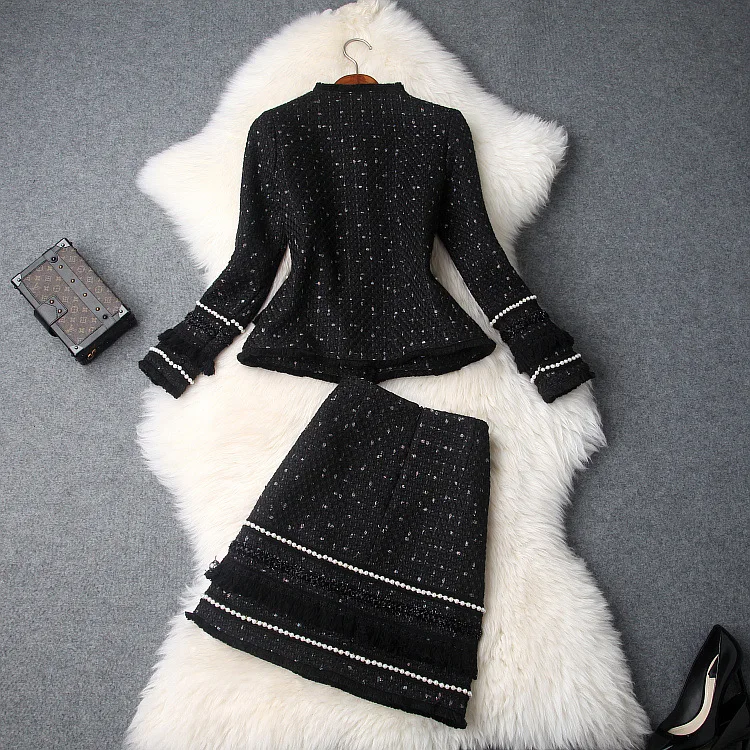 Осенне-зимние женские элегантные твидовые юбки, женские бахромы с кисточками и бисером пальто с бантом куртка+ мини юбки белый черный Jc3015