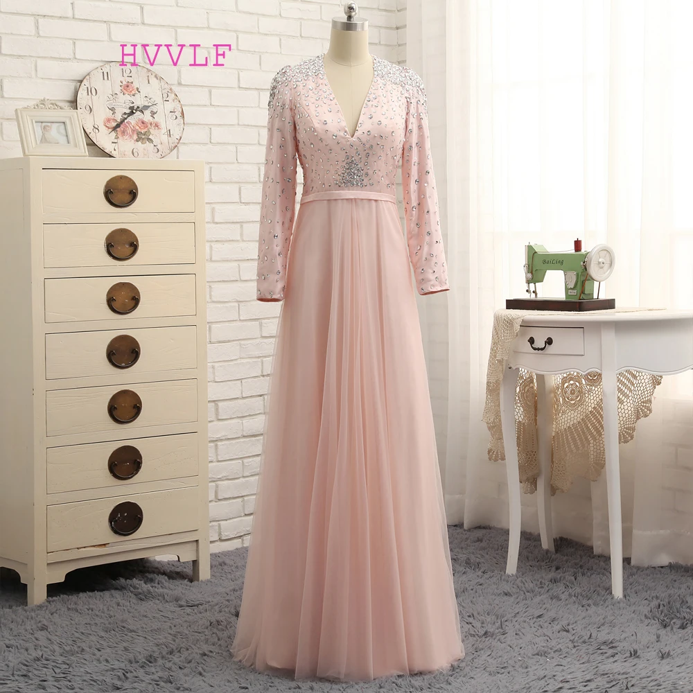 

HVVLF Pink Muslim Evening Dresses 2019 A-line V-neck Long Sleeves Tulle Crystals Long Saudi Arabic Evening Gown Prom Dress