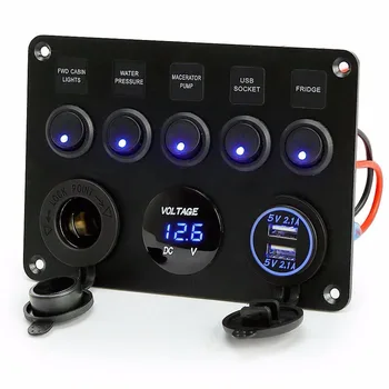 

Car 5 Gang Switch Panel Dual USB Socket Charger LED Voltmeter 12V Outlet