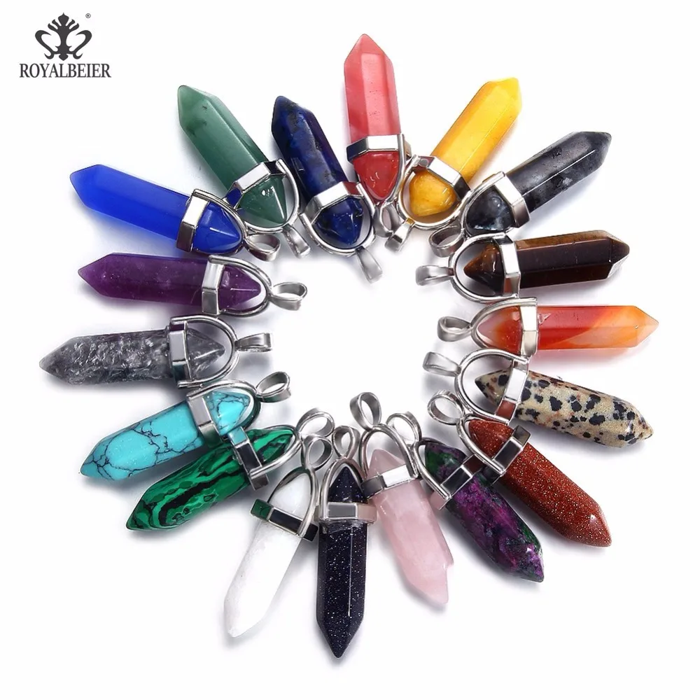 

ROYALBEIER 10pcs/lot Natural Quartz Pendant Hexagonal Pillar Pendant Necklace Tiger Eye Pendant Leather Chain Necklace Wholesale