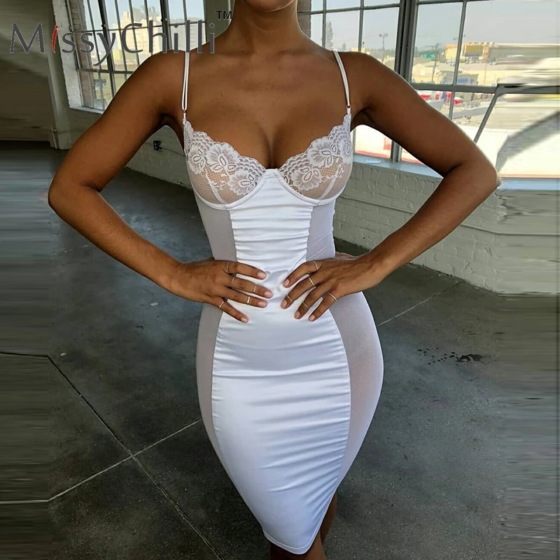 

MissyChilli White lace mesh sexy bodycon dress Elegant sleeveless v neck summer beach dress Woman backless club short sundress
