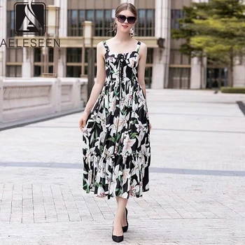 

AELESEEN 2019 Autumn New Style High Street Dresses Women Spaghetti Strap Elegant Lily Print Lacing Bust Mid-Calf Dress