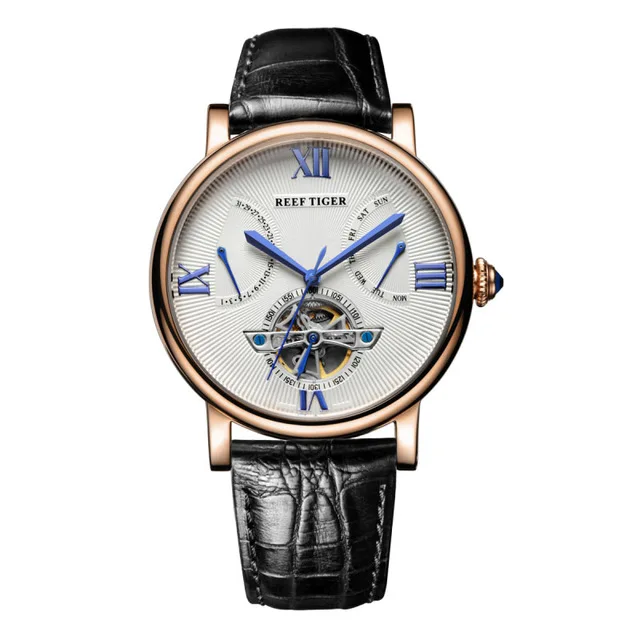 Reef Tiger Artist Serier RGA191 Men Business Fly Wheel Dual Windows Week & Date Dial Automatic Mechanical Wrsit Watch - Calfskin |
