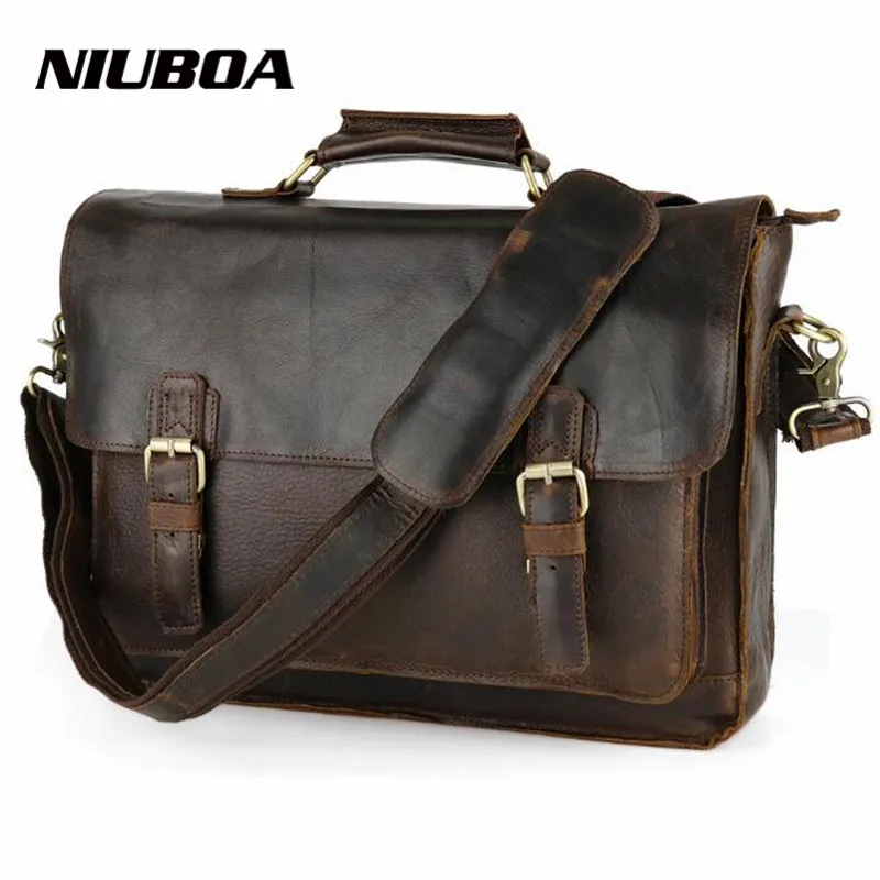 NIUBOA Vintage Men Cowhide Shoulder Bags 100% Genuine Leather Briefcase Travel Messenger Bag First Layer Leather Business Bags