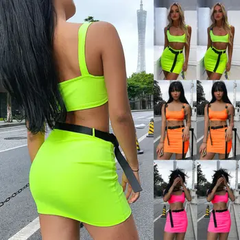 

New Women Dress Sexy Club Bodycon Slim Bandage Two Piece Crop Tops Pure Sleeveless Skirt Dress Set Lady Strap Mini Dress