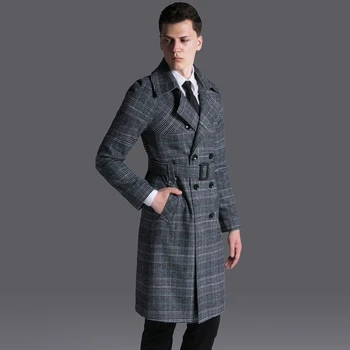 

S-6XL ! Retro lattice windbreaker men long coat spring and autumn new casual double breasted trench coat outwear !