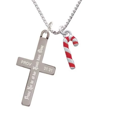 3-D Red and Candy Cane - Praise Her - Cross Necklace (1)
