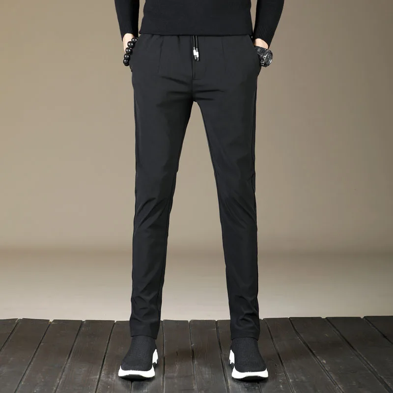 Новые Летние Осенние повседневные брюки мужские эластичные быстросохнущие брюки мужские серые черные синие тонкие брюки Hombre Homme Размер 28-36 - Цвет: Черный
