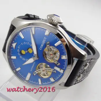 

NEW Arrive 46mm Corgeut Blue Dial Moon Phase Leather strap Date Top Brand Luxury Automatic Mechanical Men's Wristwatches