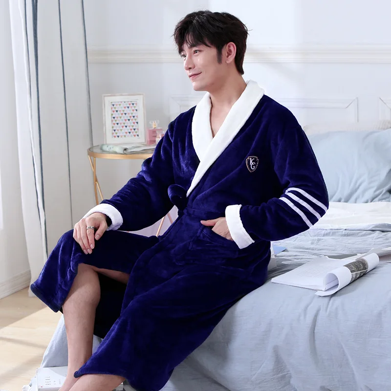 Winter Mens Robes Flannel Long Robe Knitted Coral Fleece Bathrobe Thick Sleepwear Nightwear Warm NightGowns Coffee's out ofstock