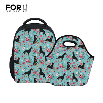 

FORUDESIGNS 2Pcs/set Kids Kindergarten School Bags Children Doberman Flower Printing School Backpack for Girls Boys Small Bag