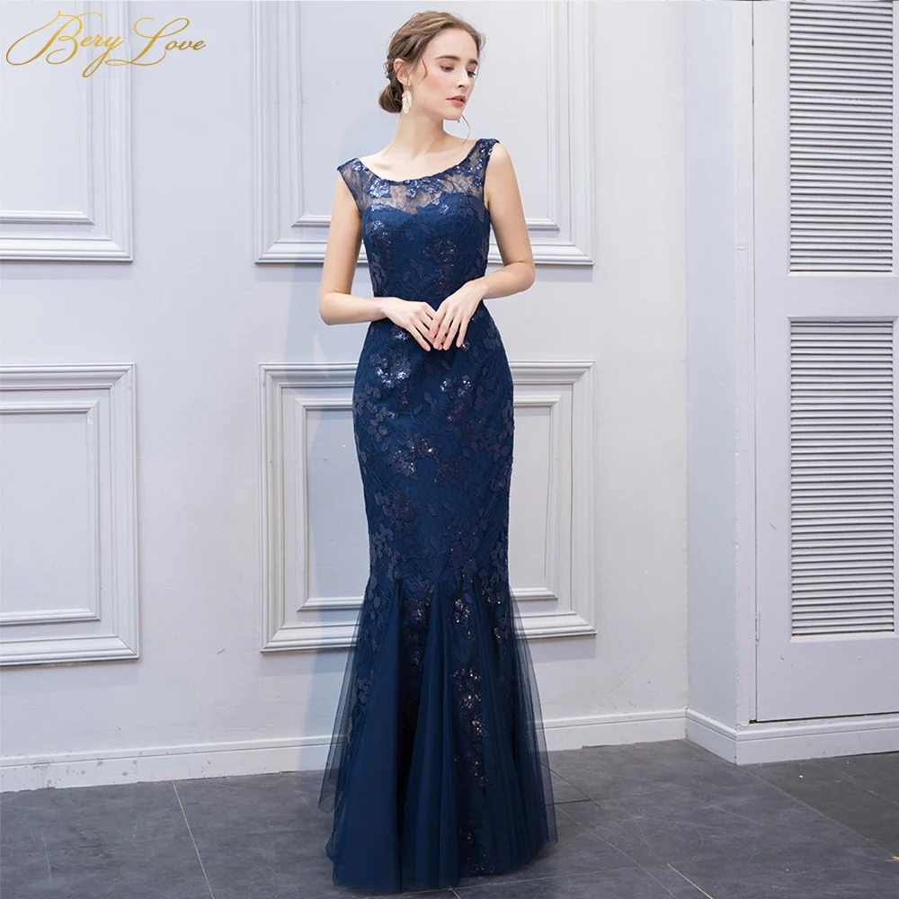 

BeryLove Elegant Navy Blue Mermaid Mother of Groom Dress 2019 Wedding Cheap Long Sequined Lace Mother of the Bride Dress Mom