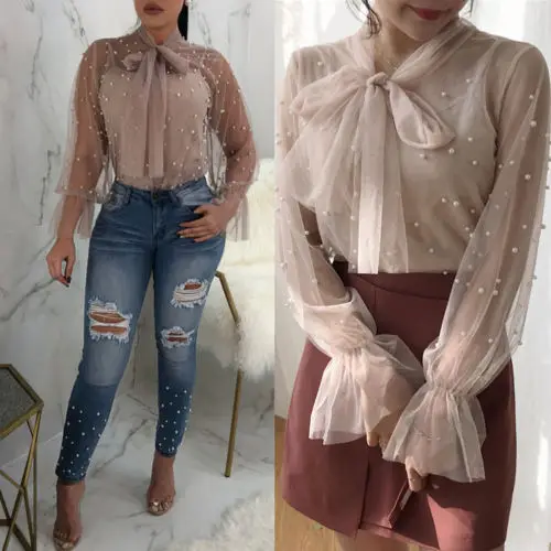 

Sexy Women See through Lace Mesh Sheer Long Sleeve Tops Lace Shirt Tops Blouse
