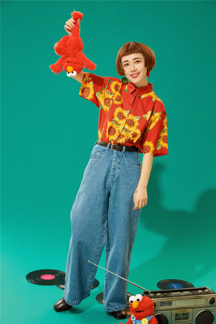 خمر هاواي زهرة طباعة المرأة قميص عباد الشمس الأحمر سترة