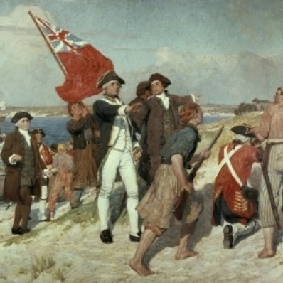 Capt. Cook Landing at Botany Bay  Emmanuel Phillips Fox (1865-1915 Australian) Poster Print (18 x 24)