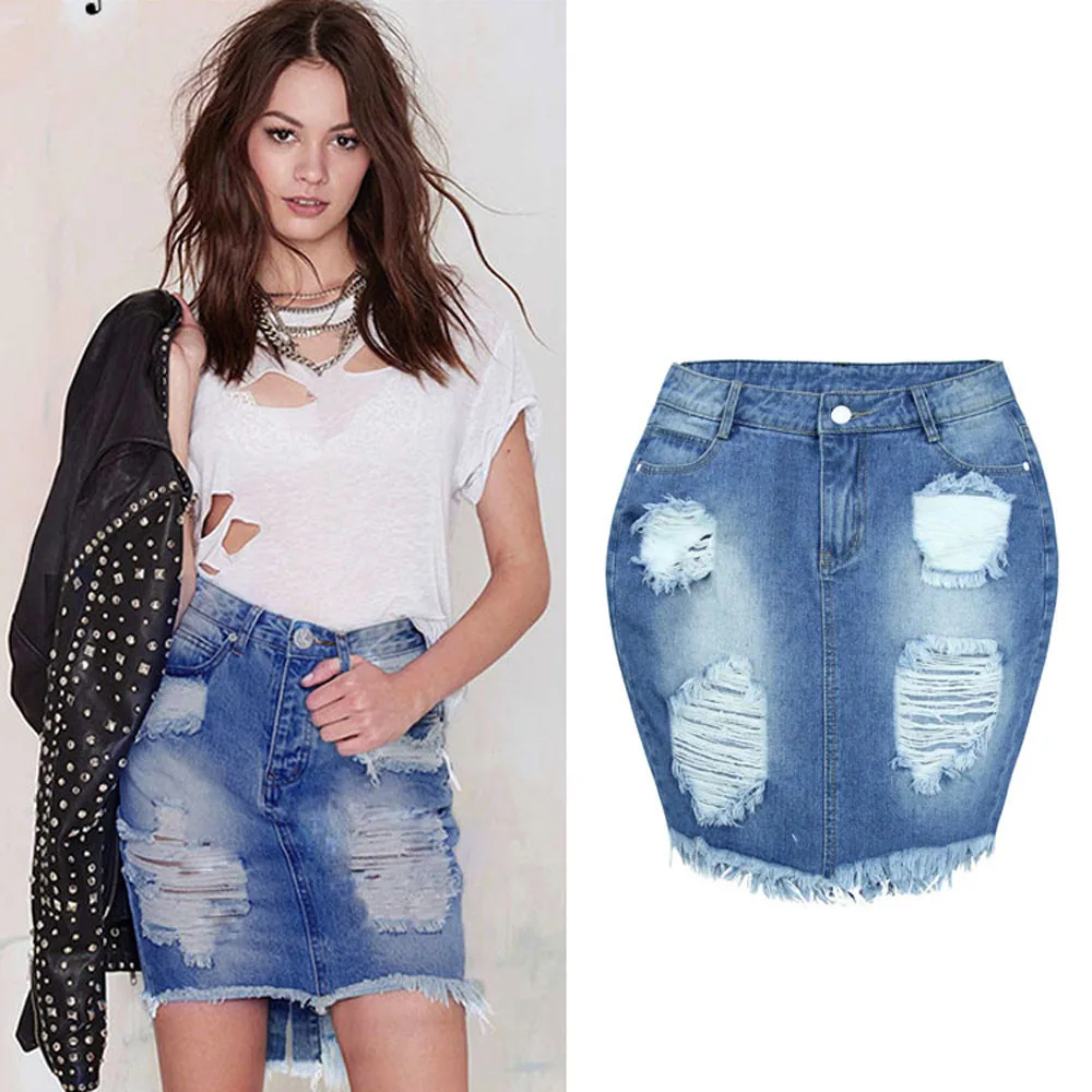 Women Denim Skirt Jeans High Waist Ripped Vintage Skinny Short Pencil