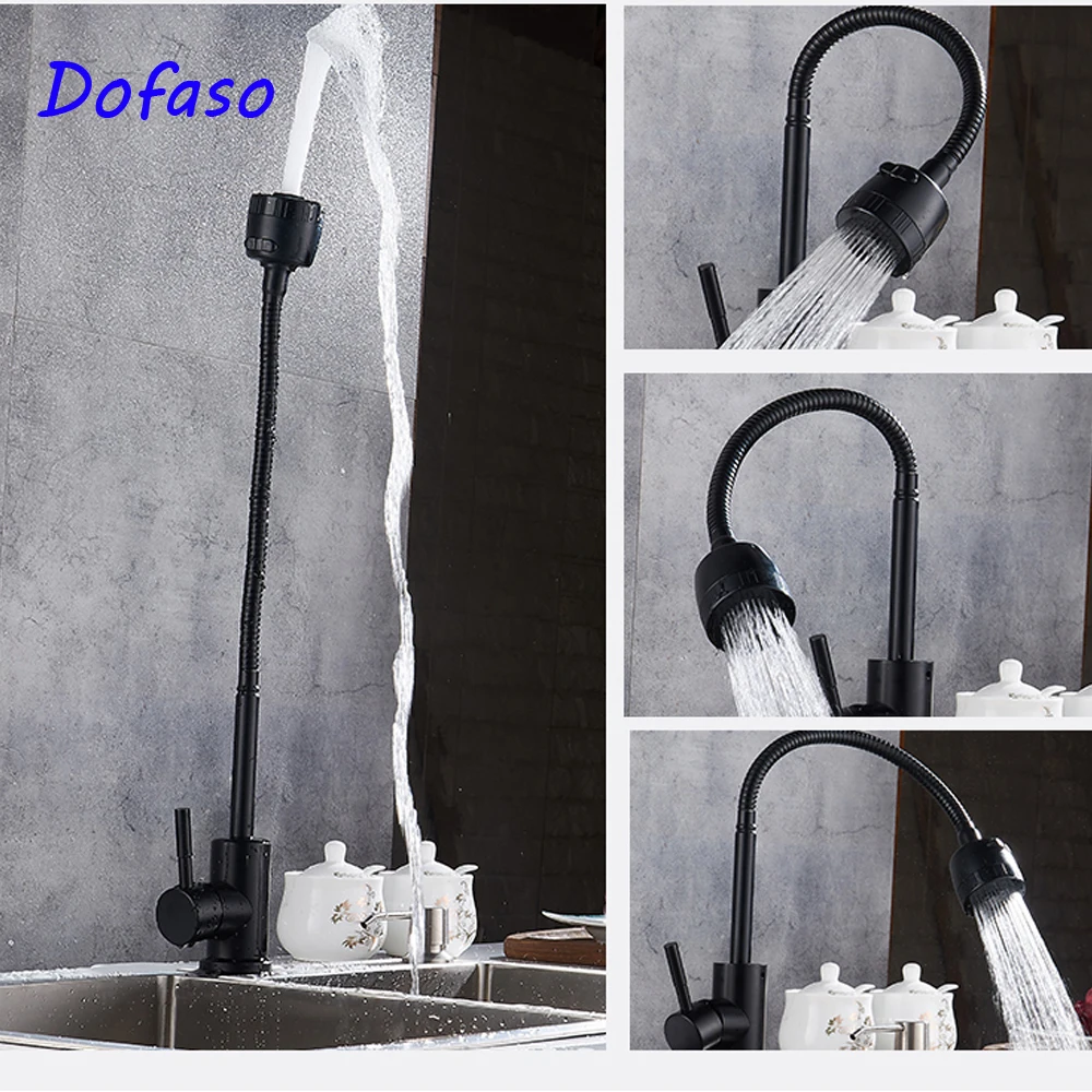 Dofaso luxury black flexible kitchen faucets 360 rotate spring sink taps