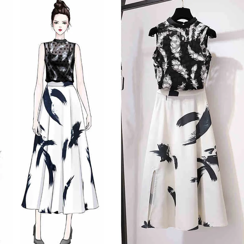 

2019 New Summer Fashion Women's Sets Feather Print Sleeveless Lace Top + Splashing Ink Ultra Long Skirts Female Suits
