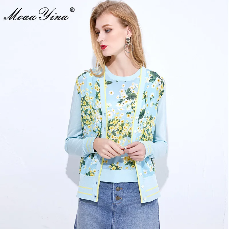 MoaaYina Spring Autumn V-neck Long sleeve Cardigans Knitting Tops Women's Elegant Floral-Print Silk Sweater Thin Coat