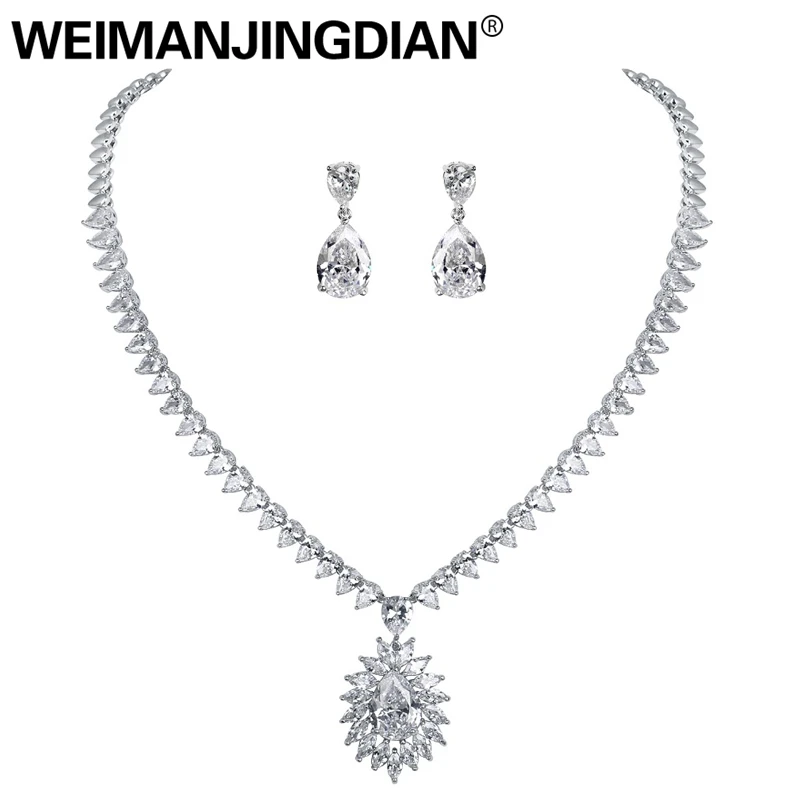 

WEIMANJINGDIAN Sparkling Cubic Zirconia Large Teardrop White Gold Color Plated Necklace and Earring Wedding Bridal Set