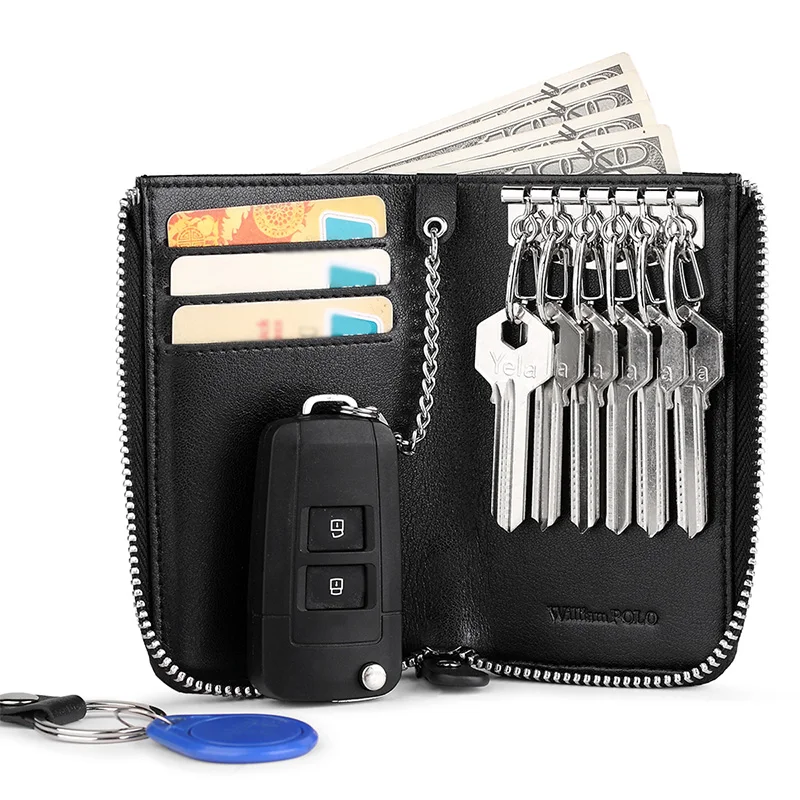 

WILLIAMPOLOCar Key Holder Keys Organizer Genuine Leather New Men Wallet Cover Six Key Bag Hook Zipper Case With Card Holder