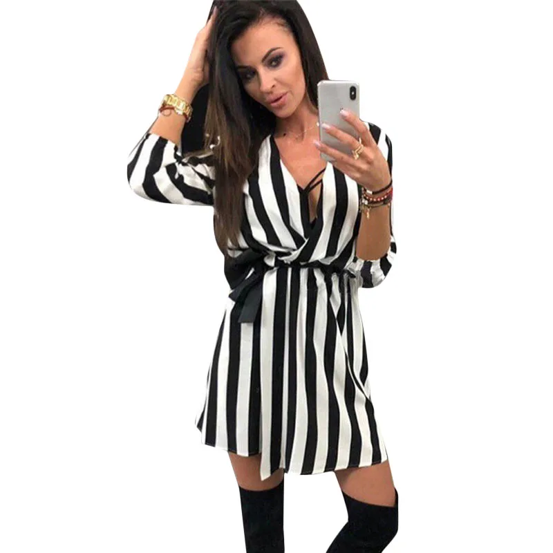 

Women Summer Sexy V-Neck Bandage Bow Dress 2018 New Fashion Black White Striped Casual Loose Beach Dresses Vestidos Plus Size