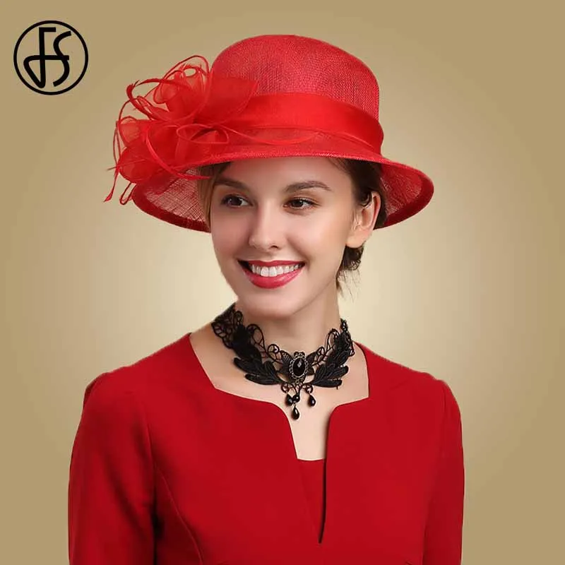 FS королевская женская шляпа-чародей, красная шляпа, свадебные головные уборы Sinamay, женские элегантные шляпы с широкими полями, фетровая шляпа Кентукки, вечерние шляпы Дерби