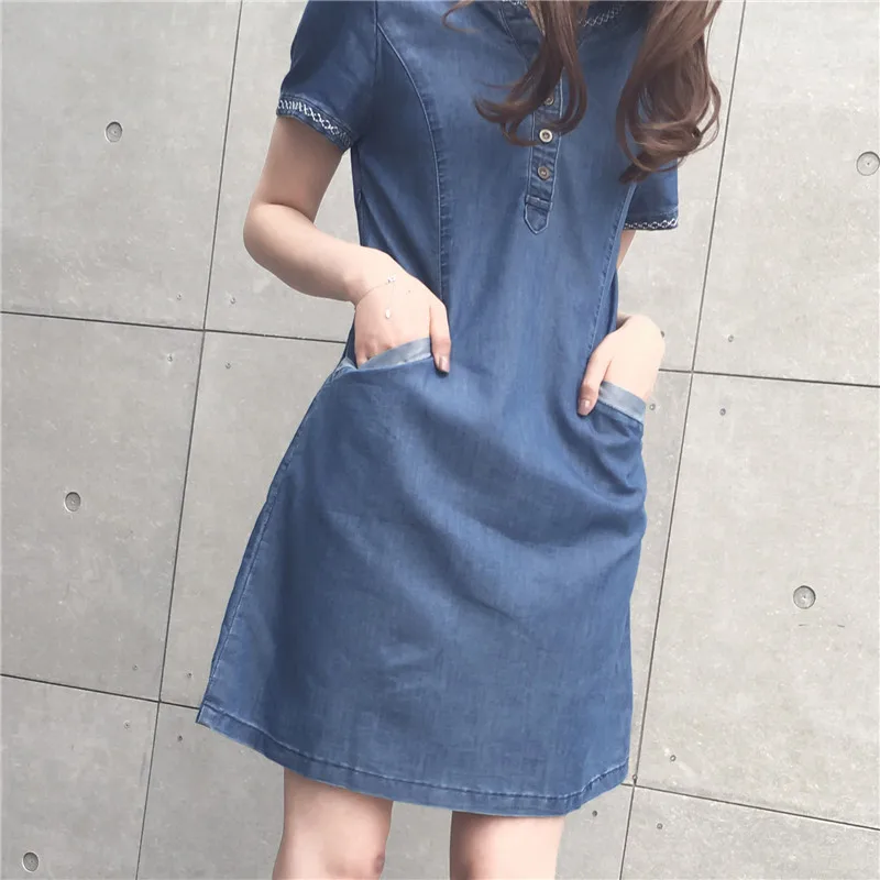 QMGOOD Summer Dresses Women 2019 New Korean Denim Dress for Women Casual Solid Jeans Dress Sexy Denim Mini Dress Plus Size XXL
