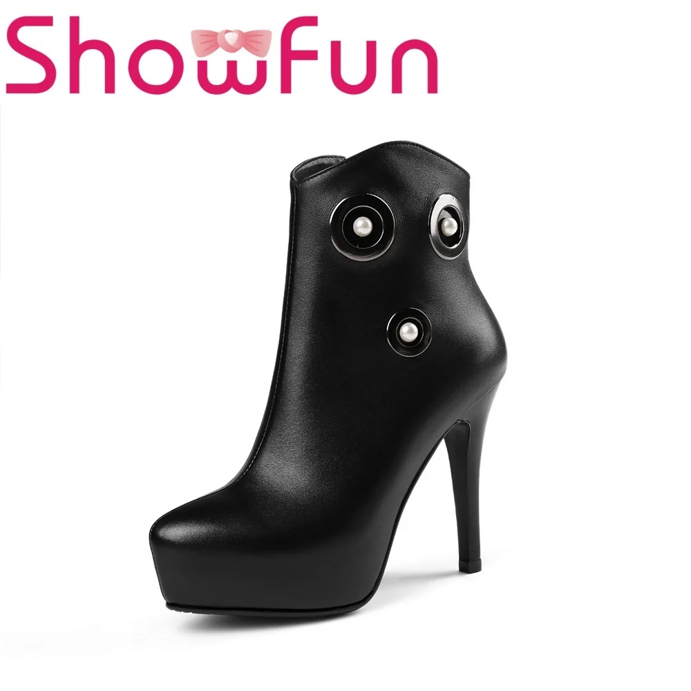 

Showfun genuine leather shoes woman winter solid ankle pointed toe zipper floral short plush super high thin heel boots