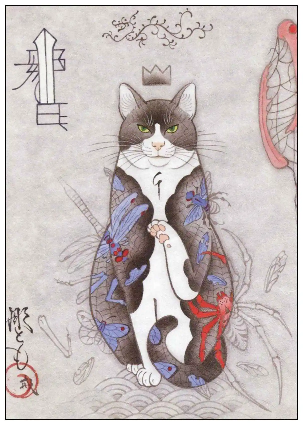 Японский кот-Самурай, тату Кот, плакат, настенный арт, домашний декор, белая бумага с покрытием, печать, настенная наклейка
