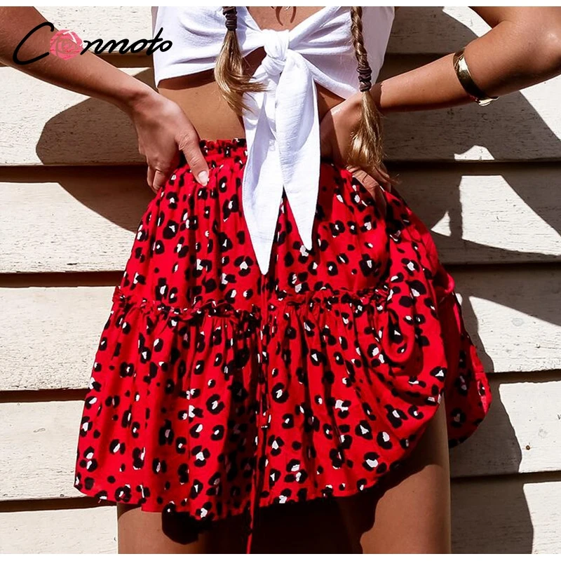 Conmoto Короткая яркая юбка с леопардовым принтом, женские юбки со шнуровкой, красная юбка с высокой талией, лето