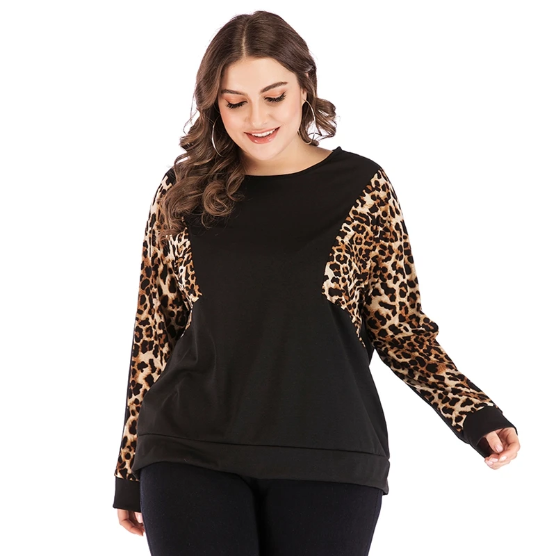 

New fashion spring Summer women cotton stitching leopard long raglan sleeve O-Neck plus size Casual Tees Tops T Shirt 4XL