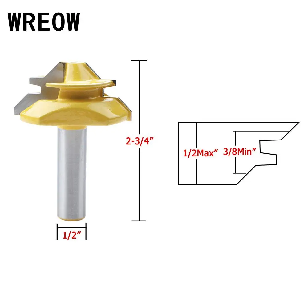 

45 Degree 1/2 Shank Woodworking Carbide End Mill Lock Miter Tenon Milling Cutter Router Bit DIY Handmade Cutter Tool 1/2-3/8