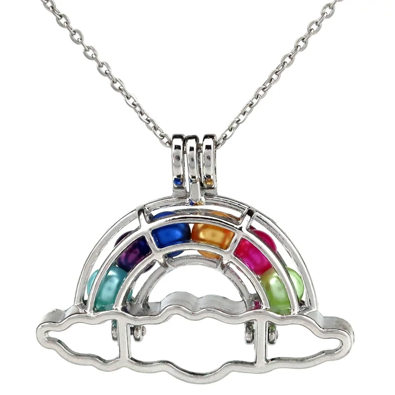 

K796 Silver Rainbow Cloud Pearl Cage Necklace 18" Pendant Aroma Essential Oil Diffuser Locket