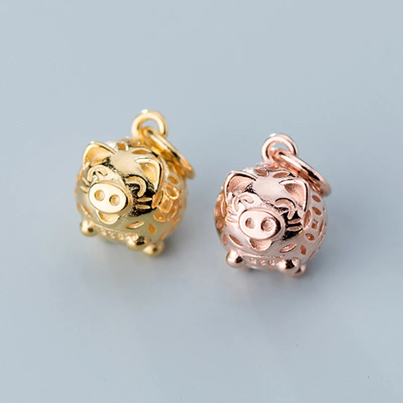 

100% 925 Sterling Silver Hollow Out Stereo Coin Piggy Charms Plated Gold/Rose Gold Color S925 Silver Pendants DIY Jewelry Making