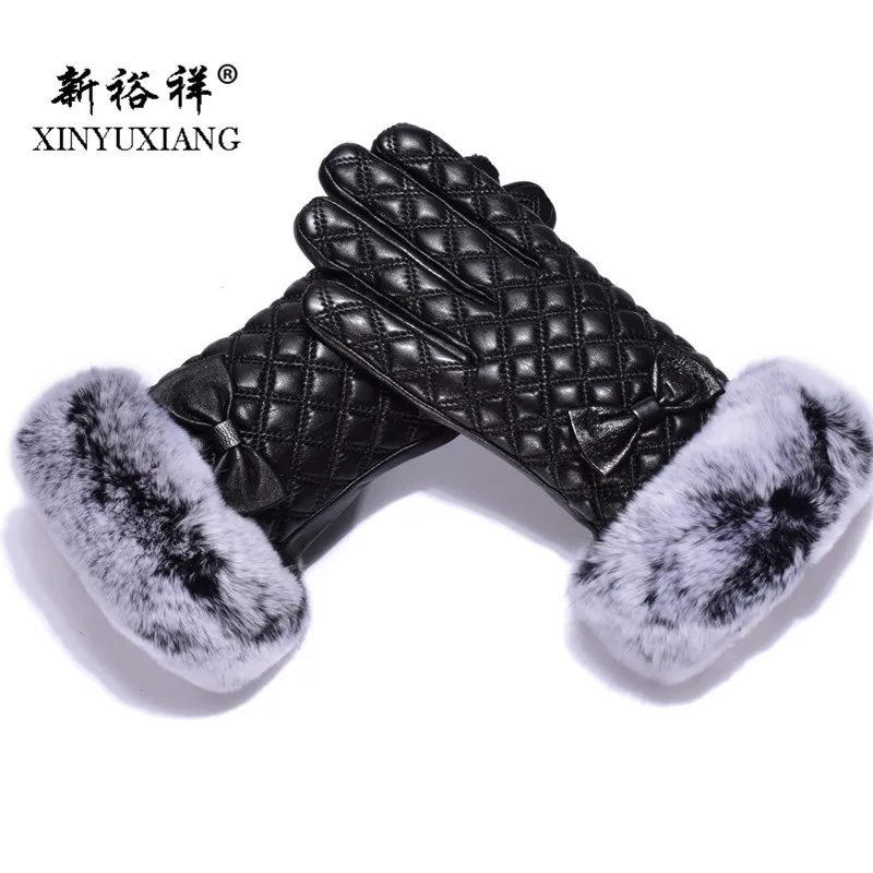 Genuine Leather Real Rex Rabbit Fur Gloves Women Touch Screen Fashion Bowknot Black Winter Female Sheepskin elegant gloves 2017 |