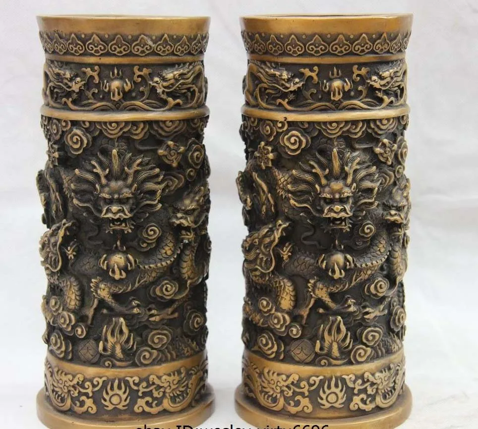 

Chinese Bronze Copper Dragon Play Bead Pencil Vase Pen container Brush Pot Pair