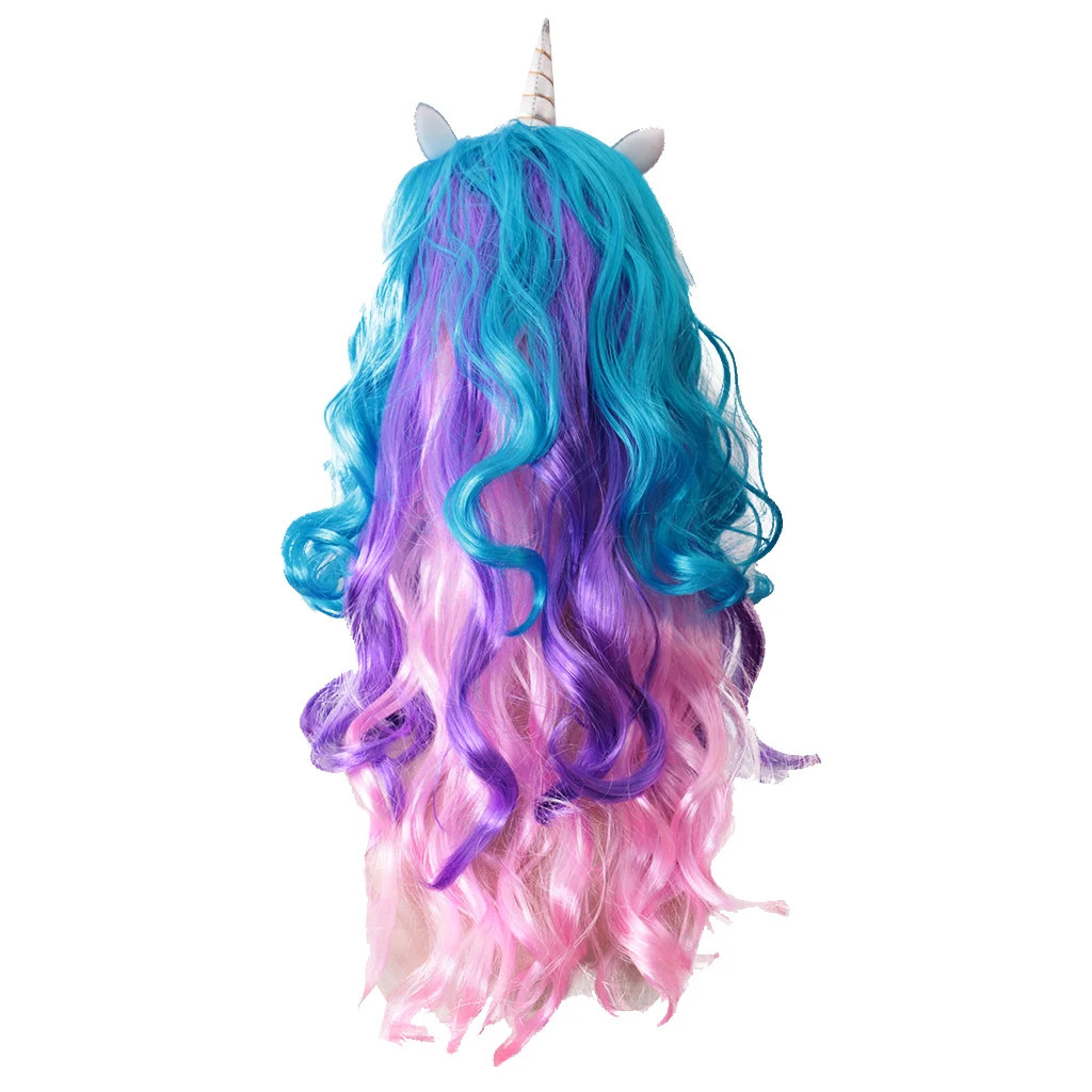 Women Unicorn Horn Long Curly Wavy Hair Wigs For Hallowmas Party Costume