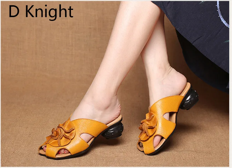 Comfortable Women Slides 2018 New Fashion Genuine Leather Slip On Summe Slippers Black Women Beach Sandals High Heel Shoes Woman (8)